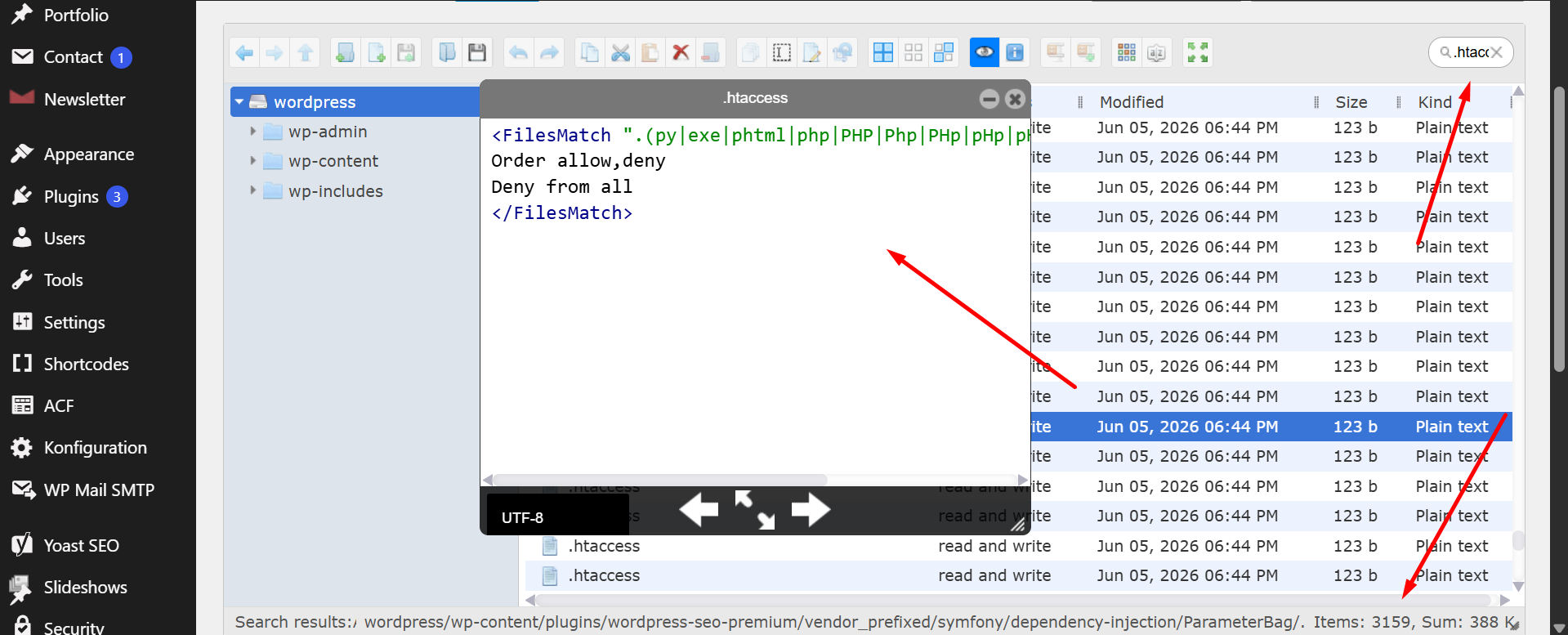 htaccess Malware Removal: WordPress host File Manager search for .htaccess files returning 3,159 results across the site