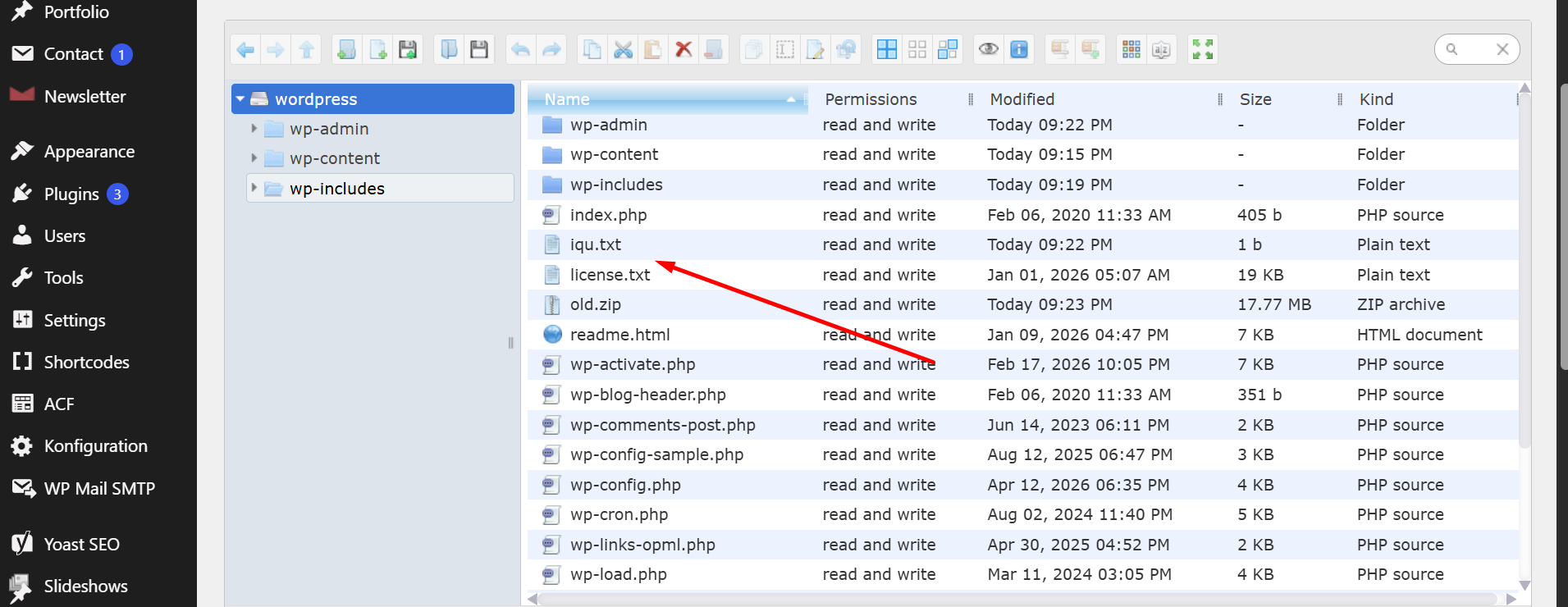 WordPress root directory in File Manager showing the suspicious iqu.txt file alongside core files