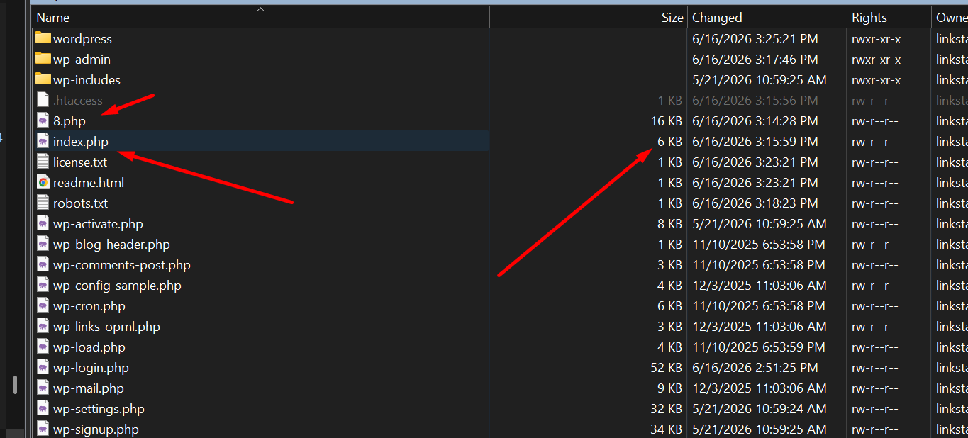 Obfuscated PHP webshell content-index.php showing a configuration array with admin username, an MD5 password hash, and broken-up function names used to evade malware scanners