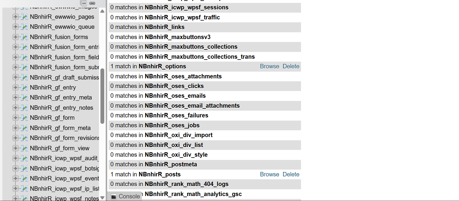 Database-wide search showing one malware match in the WordPress options table and one in the posts table