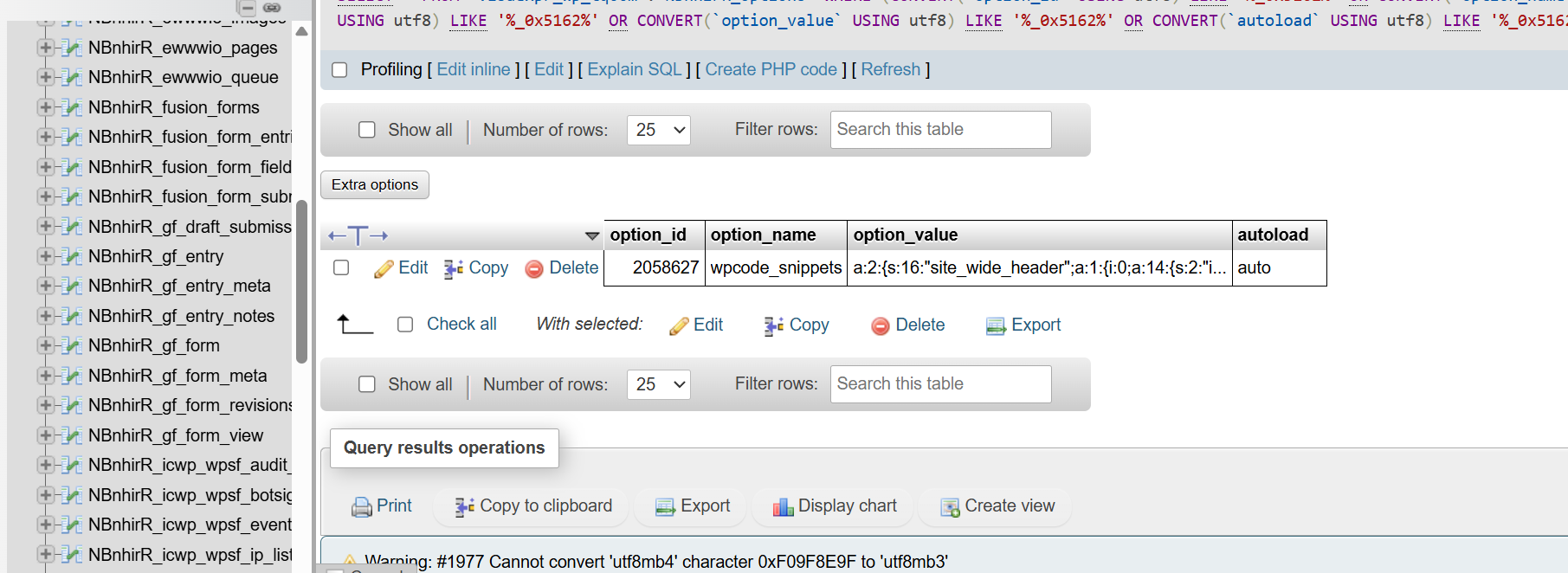 WordPress options table row wpcode_snippets containing the serialized malicious site_wide_header snippet