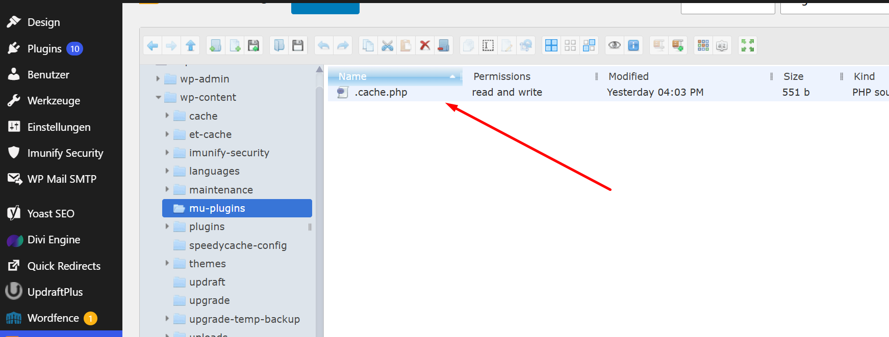 FTP file listing of the WordPress root directory showing a suspicious 8.php file and an index.php inflated to 6 KB, both recently modified, signs of malware injection