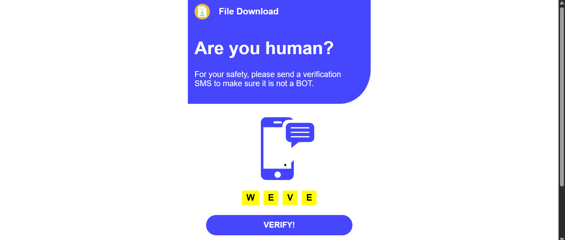 Fake Are you human verification SMS scam page that WordPress visitors were redirected to