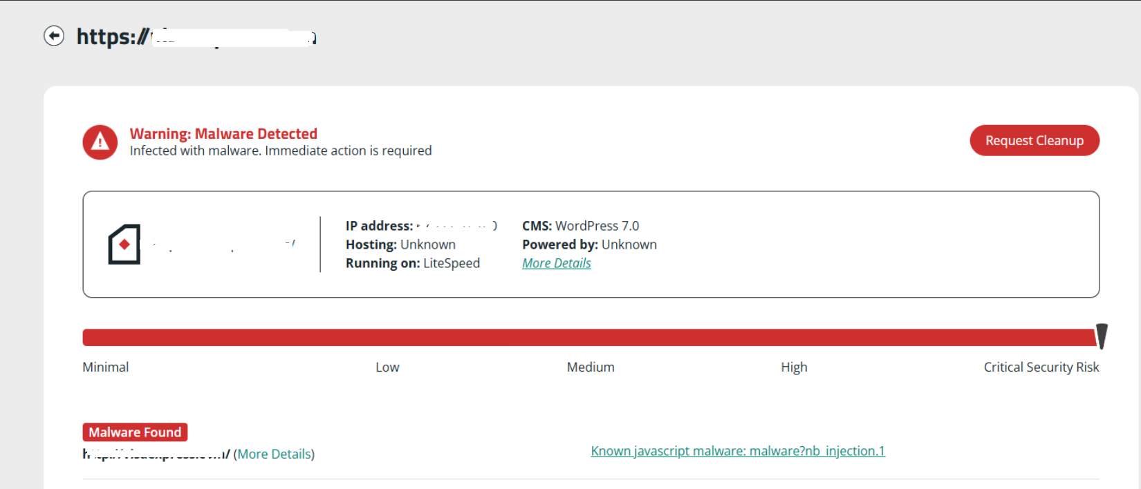 External malware scanner showing WordPress redirect malware detected and a known JavaScript injection (nb_injection.1)